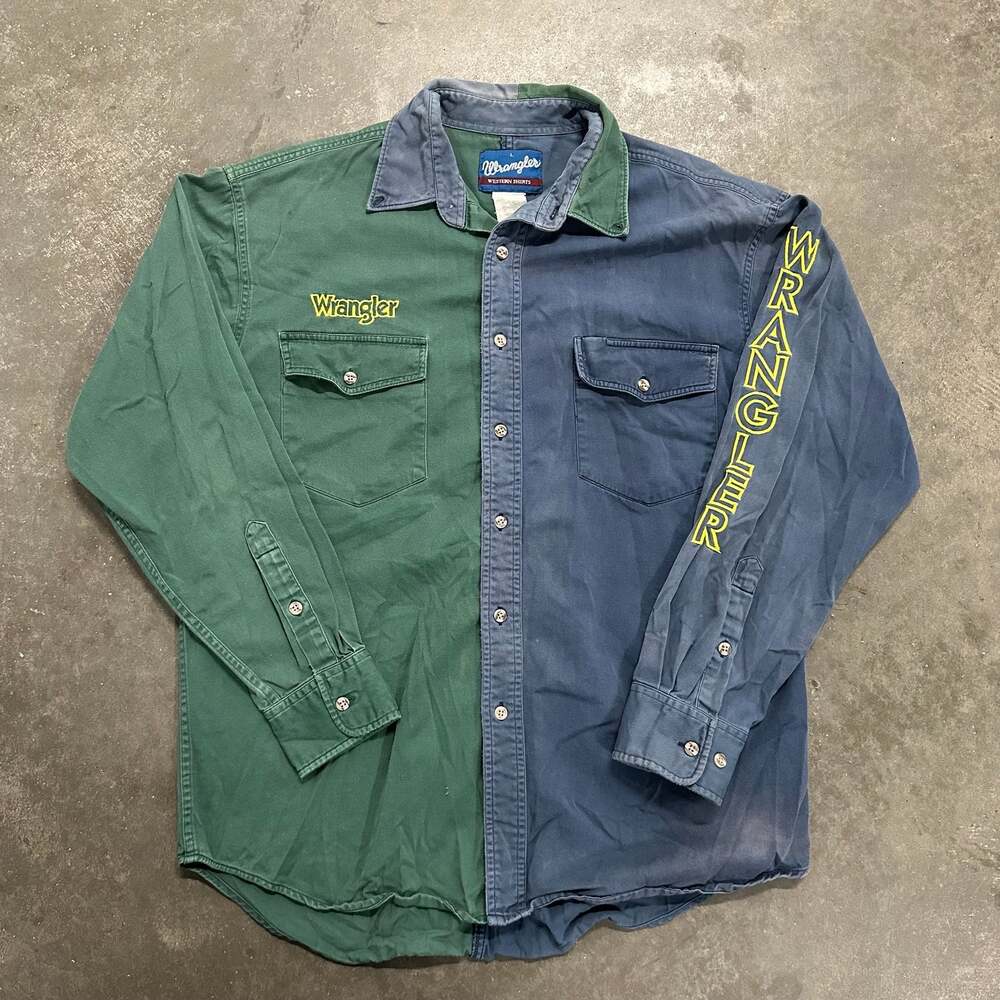 Vintage Wrangler Color Block Split Green And Blue Long Sleeve Western Shirt